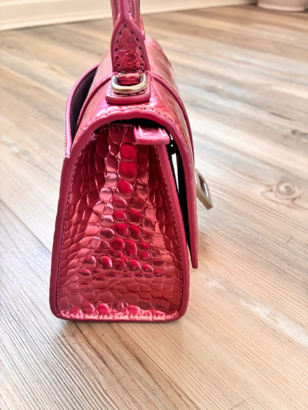 Balenciaga Metallic Fuchsia Croc-Embossed Hourglass Satchel - Picture 12 of 15